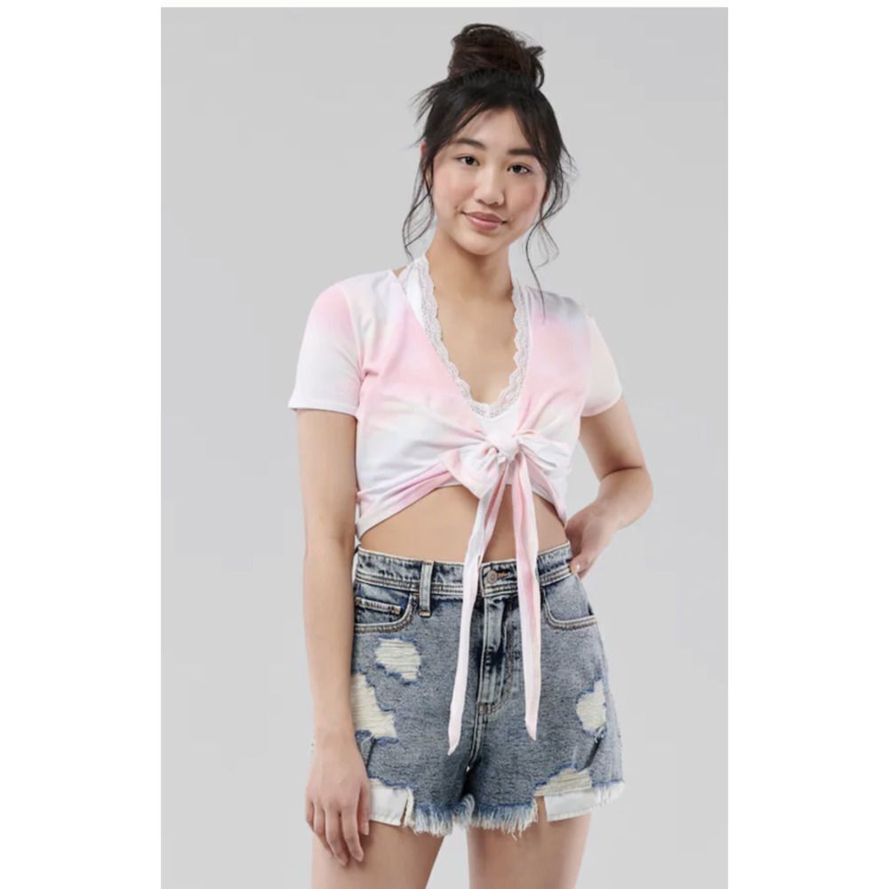 Hollister Tee Shirt Baby Tee Crop Top‎ Pastel Tie Dye Wrap Front Pink Blue Large